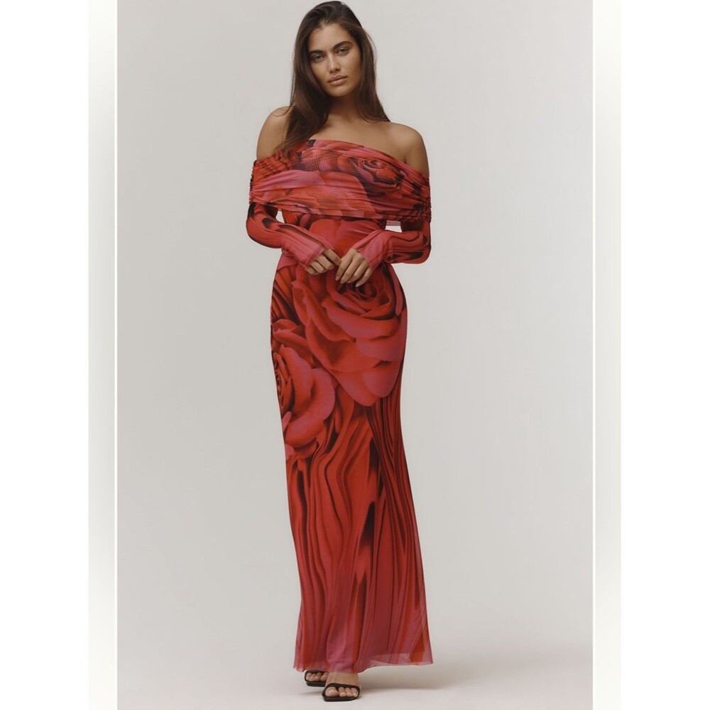 Anthropologie AFRM Long-Sleeve Off-The-Shoulder Mesh Maxi Dress